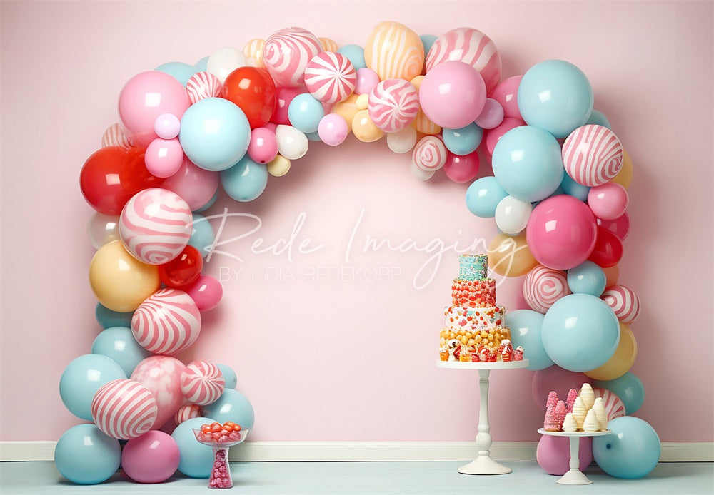 Kate Cake Smash Colorful Candycane Balloons Arch Pink Wall Backdrop Designed by Lidia Redekopp