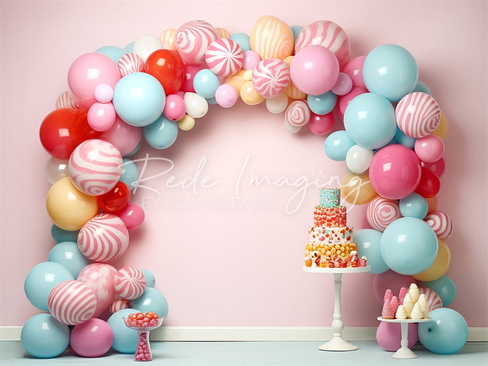 Kate Cake Smash Colorful Candycane Balloons Arch Pink Wall Backdrop Designed by Lidia Redekopp