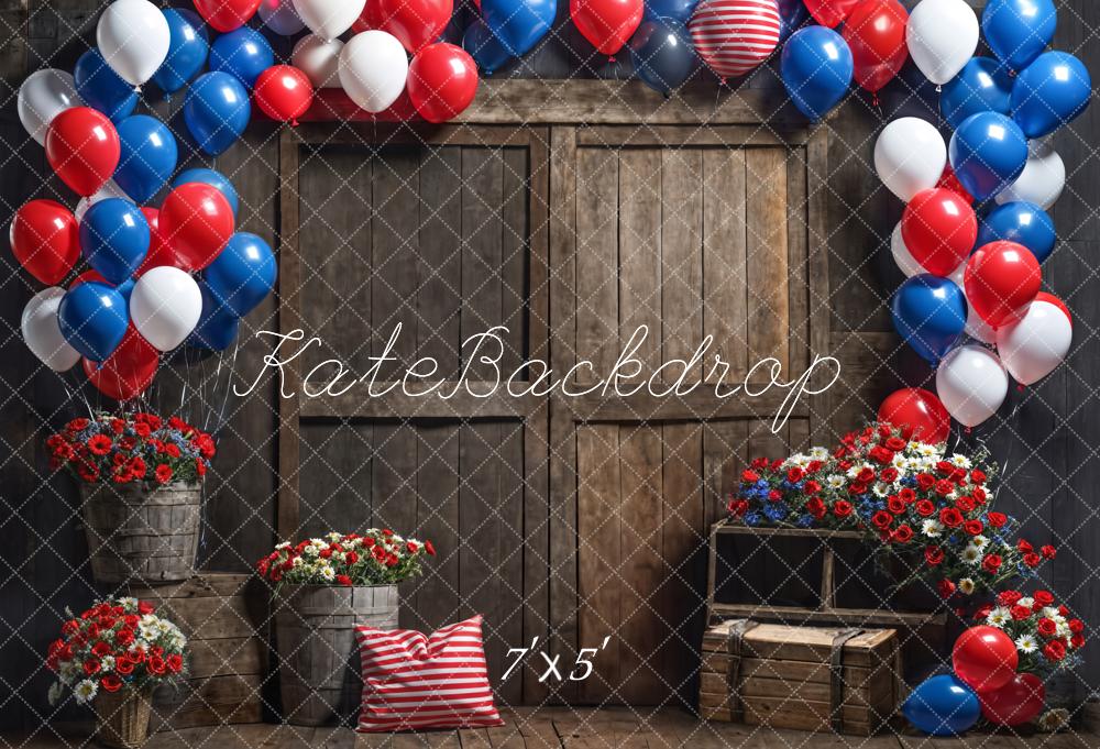 Kate Blue Balloon Red Flowers Dark Brown Barn Door Backdrop Designed by Emetselch