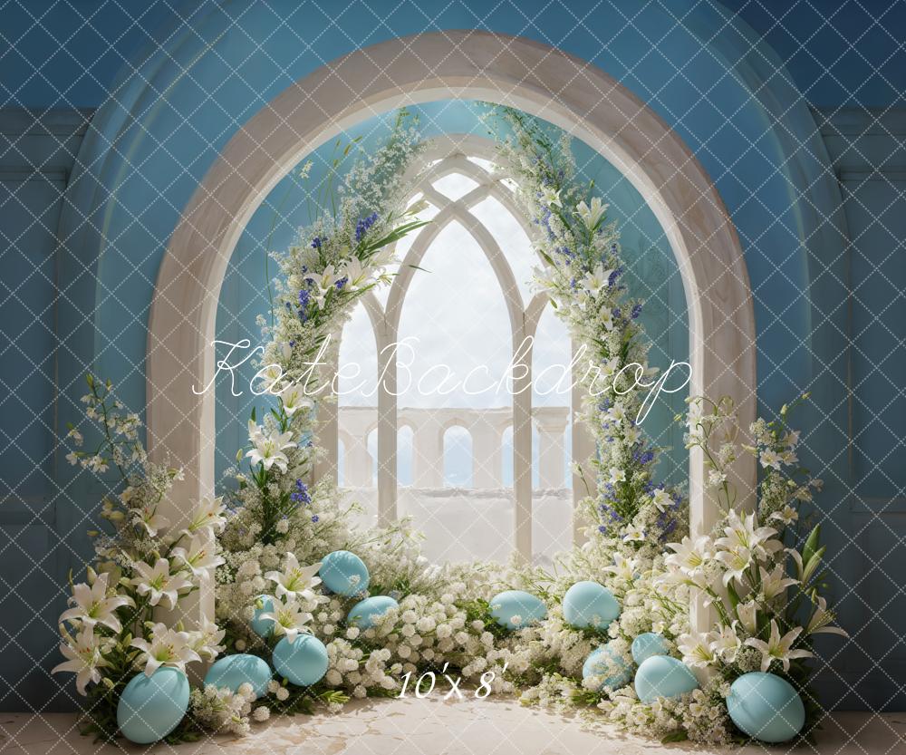 Kate Easter Eggs Light Blue Wall White Floral Arch Balcony Backdrop Designed by Emetselch
