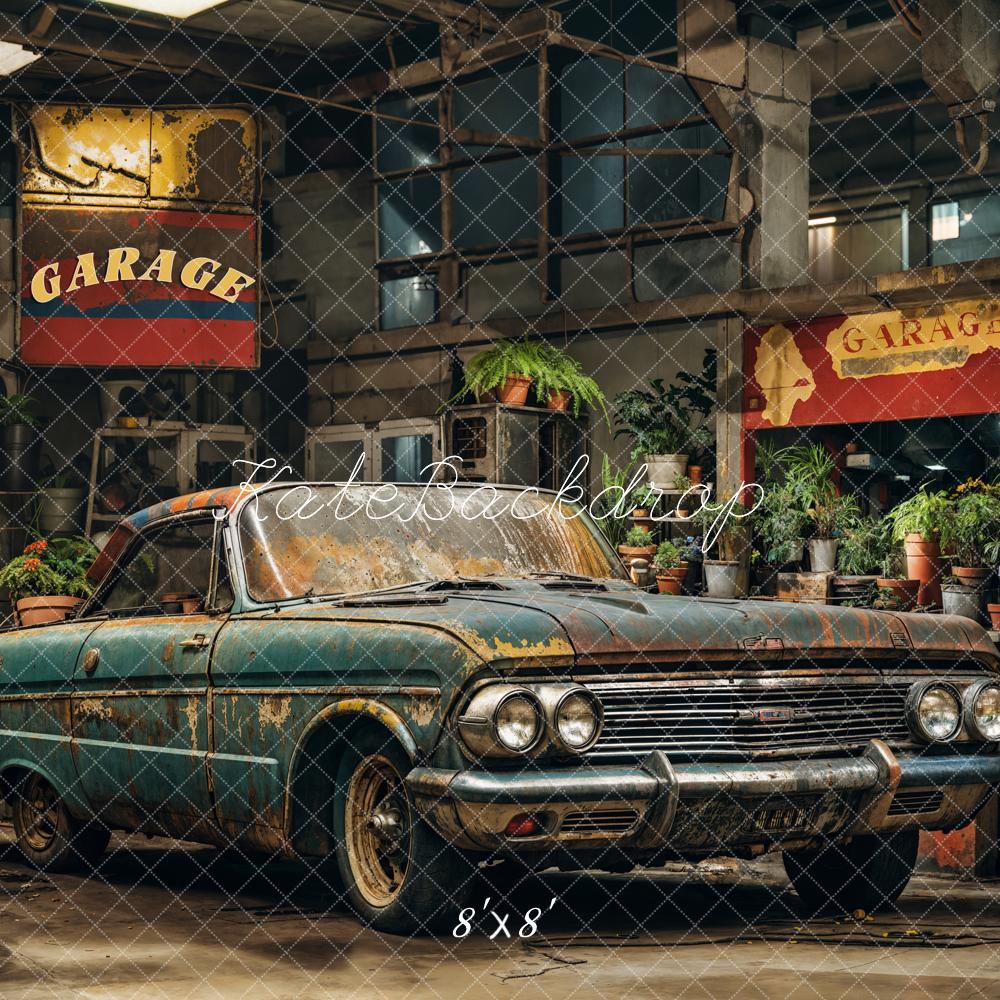 Kate Retro Garage Dark Green Car and Plants Backdrop Designed by Emetselch