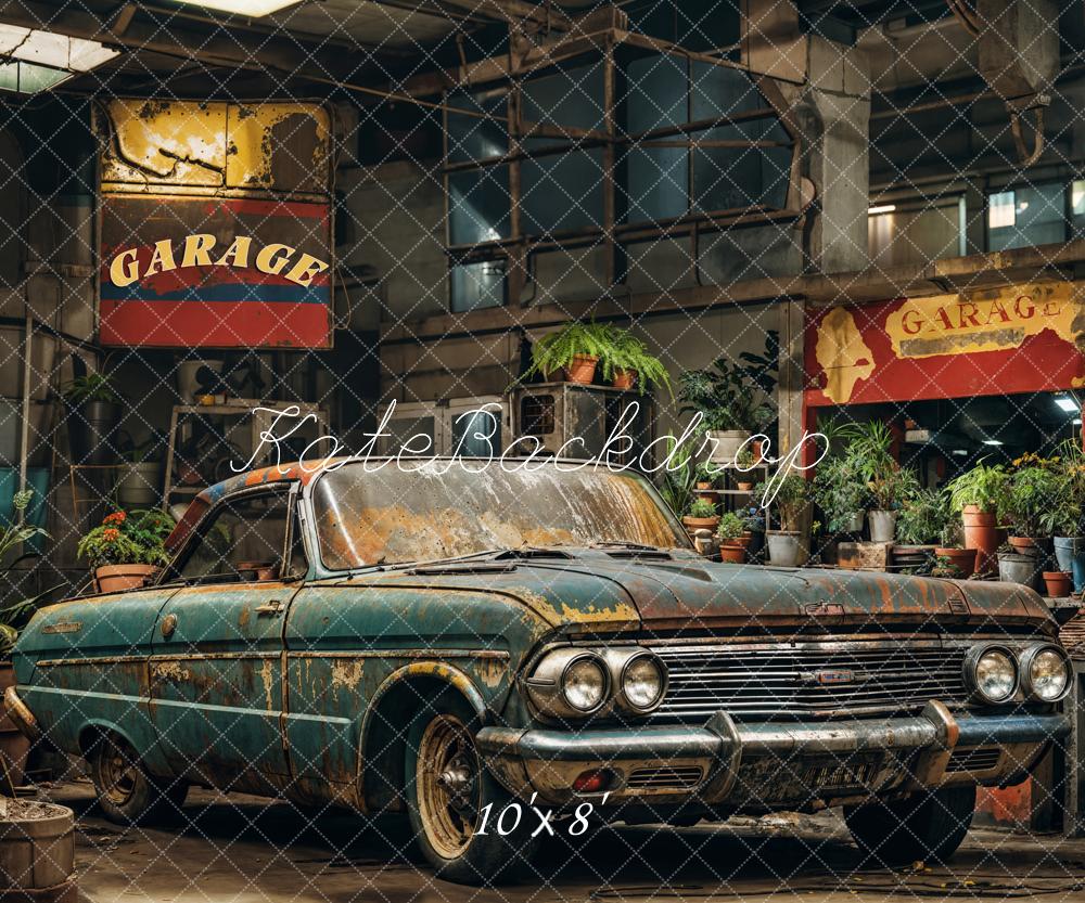Kate Retro Garage Dark Green Car and Plants Backdrop Designed by Emetselch