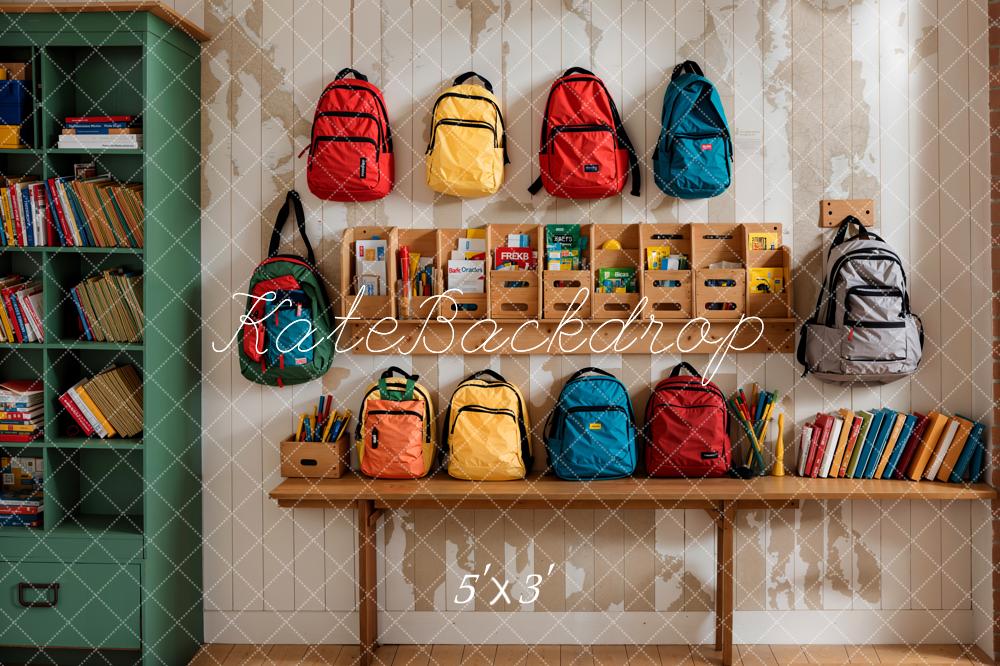 Kate Back to School Colorful Bags Green Bookshelf Light Beige Striped Wall Backdrop Designed by Emetselch