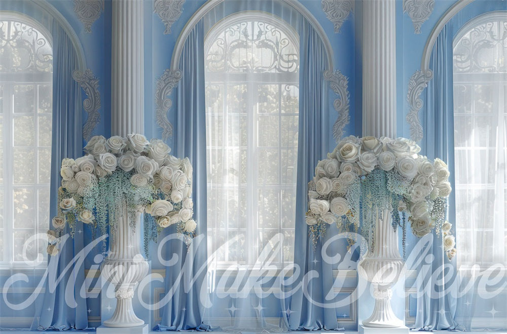 Kate White Flower Maternity Blue Retro Floral Curtain Arched Window Backdrop Designed by Mini MakeBelieve
