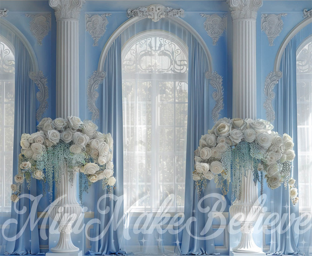 Kate White Flower Maternity Blue Retro Floral Curtain Arched Window Backdrop Designed by Mini MakeBelieve