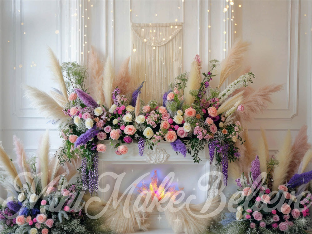 Primavera Boho di Kate Spring, sfondo floreale colorato per camino per il giorno della madre, progettato da Mini MakeBelieve