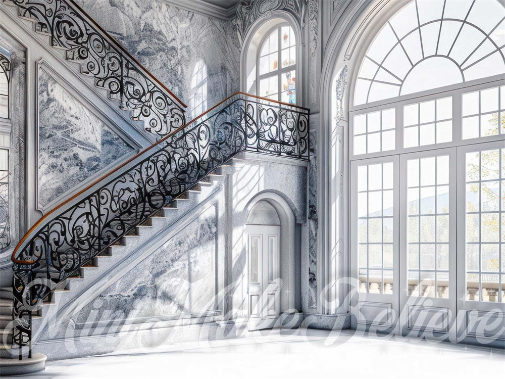 Indoor Black Patterned Marble Grand Staircase Backdrop Designed by Mini MakeBelieve
