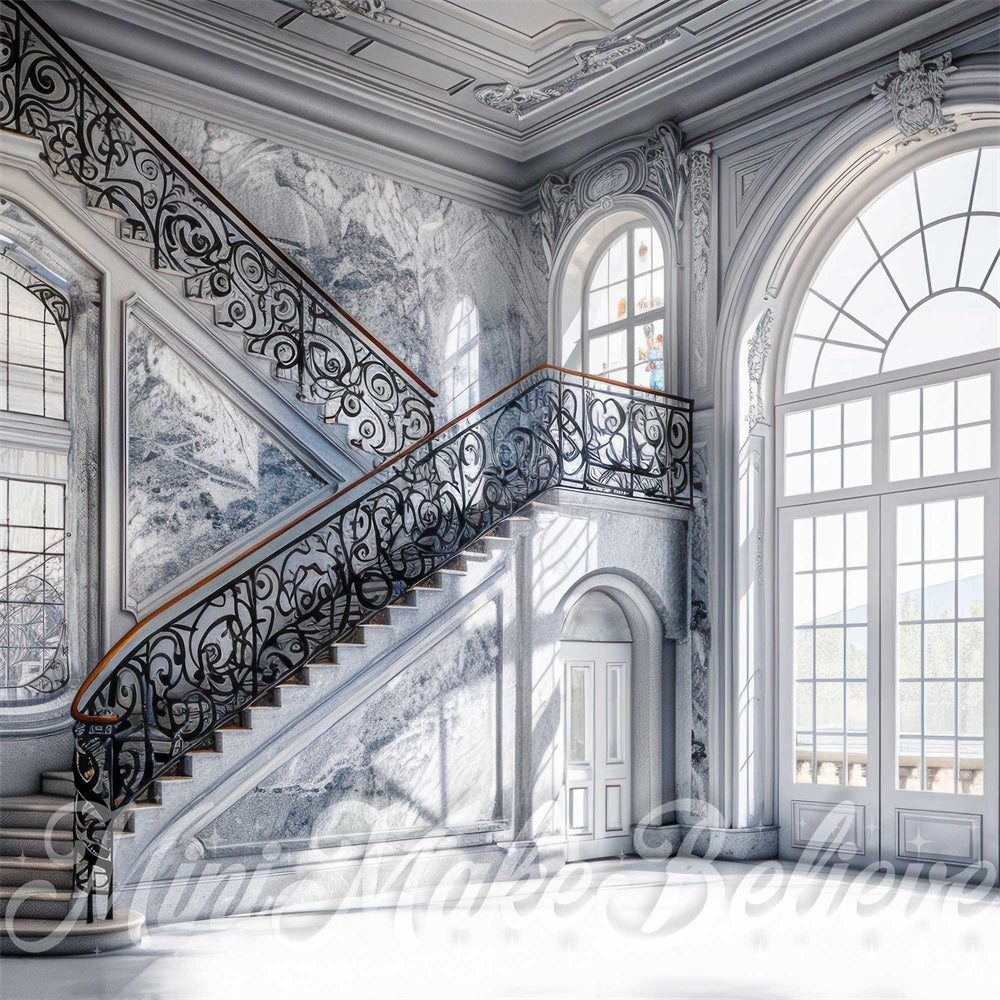 Indoor Black Patterned Marble Grand Staircase Backdrop Designed by Mini MakeBelieve