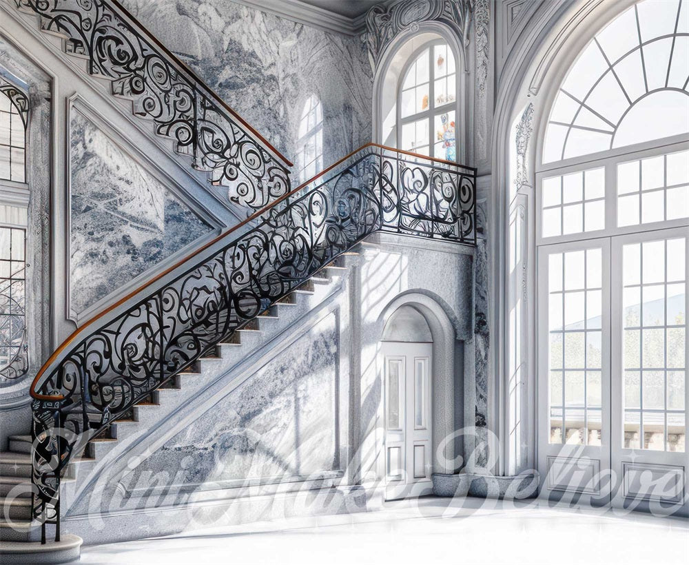Indoor Black Patterned Marble Grand Staircase Backdrop Designed by Mini MakeBelieve