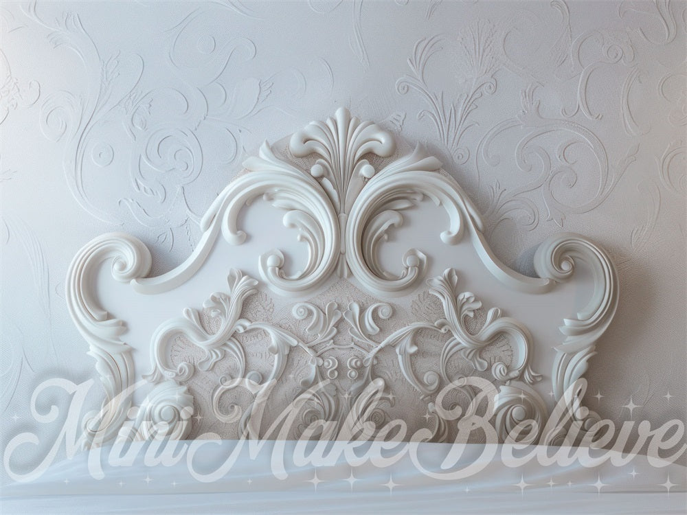 Kerst Low Light Wit Vintage Beeldhouwwerk Bloemen Hoofdeinde Foto Achtergrond Ontworpen door Mini MakeBelieve