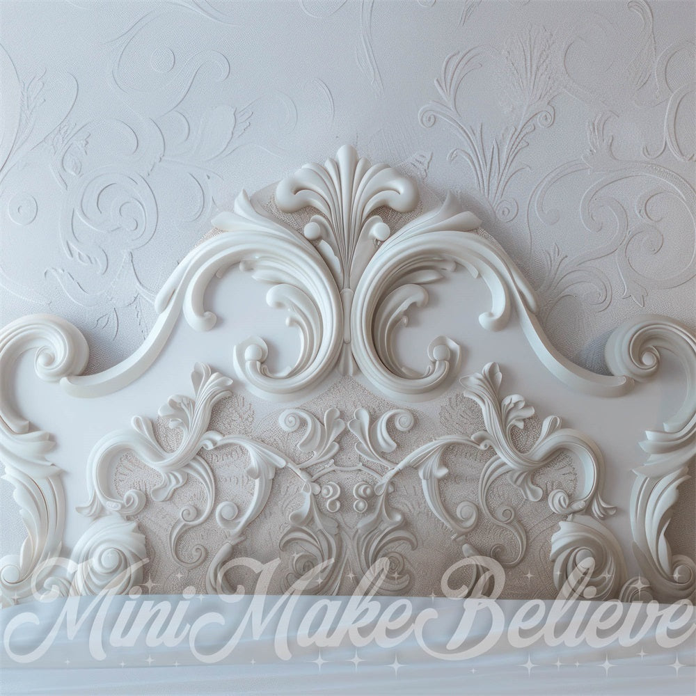 Kerst Low Light Wit Vintage Beeldhouwwerk Bloemen Hoofdeinde Foto Achtergrond Ontworpen door Mini MakeBelieve