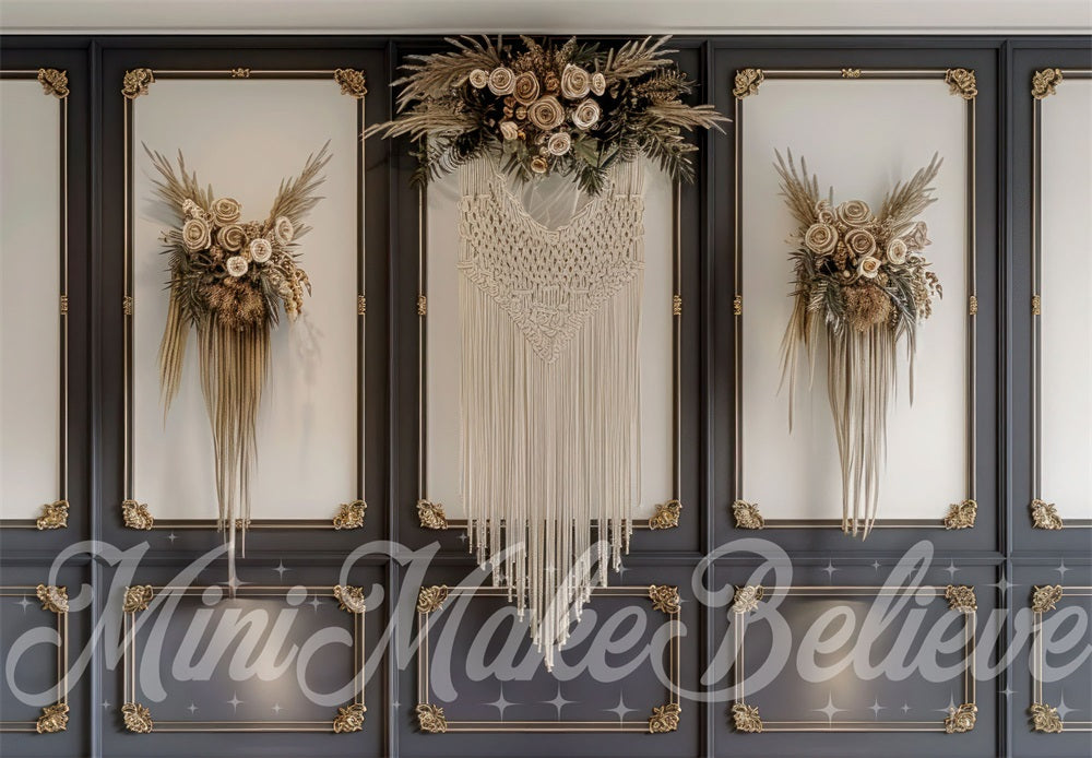Boho Zwart Macrame Bloemenmuurachtergrond Ontworpen door Mini MakeBelieve
