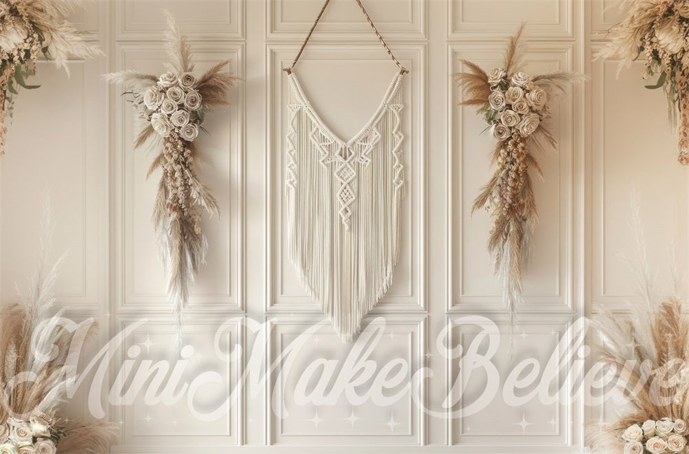 Kate Boho Reed Beige Macrame Striped Wall Backdrop Designed by Mini MakeBelieve