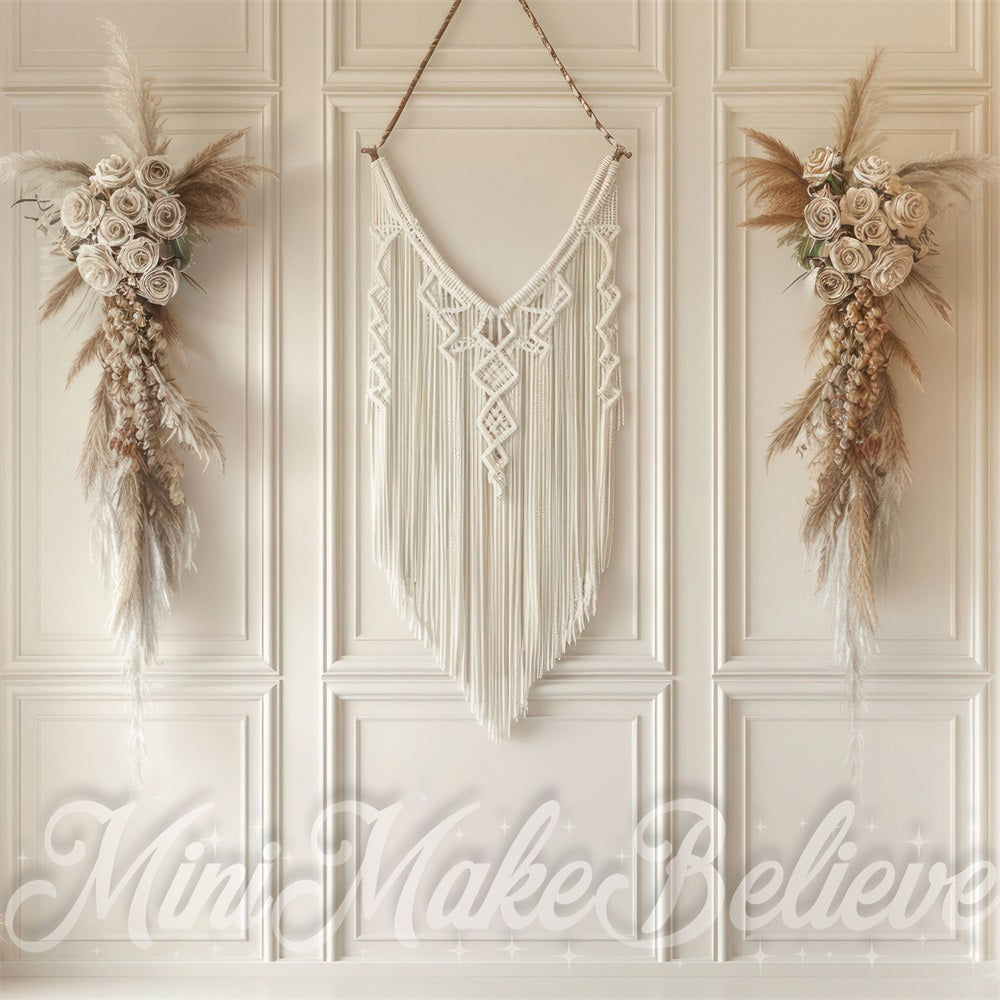 Kate Boho Reed Beige Macrame Striped Wall Backdrop Designed by Mini MakeBelieve