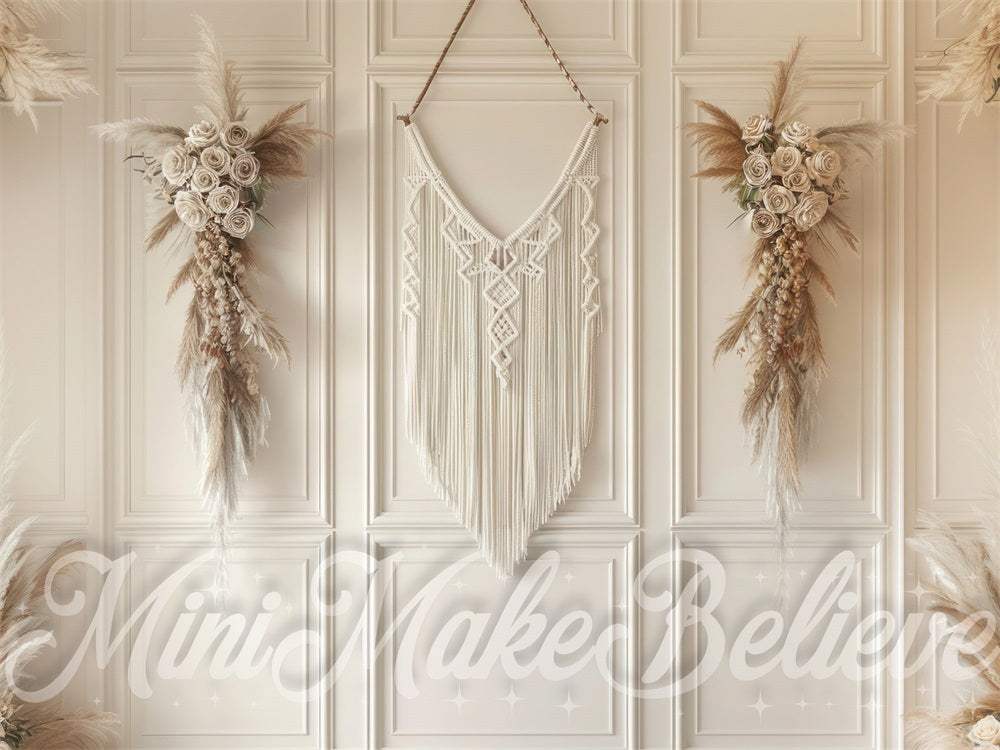 Kate Boho Reed Beige Macrame Striped Wall Backdrop Designed by Mini MakeBelieve