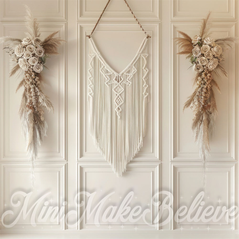 Kate Boho Reed Beige Macrame Striped Wall Backdrop Designed by Mini MakeBelieve