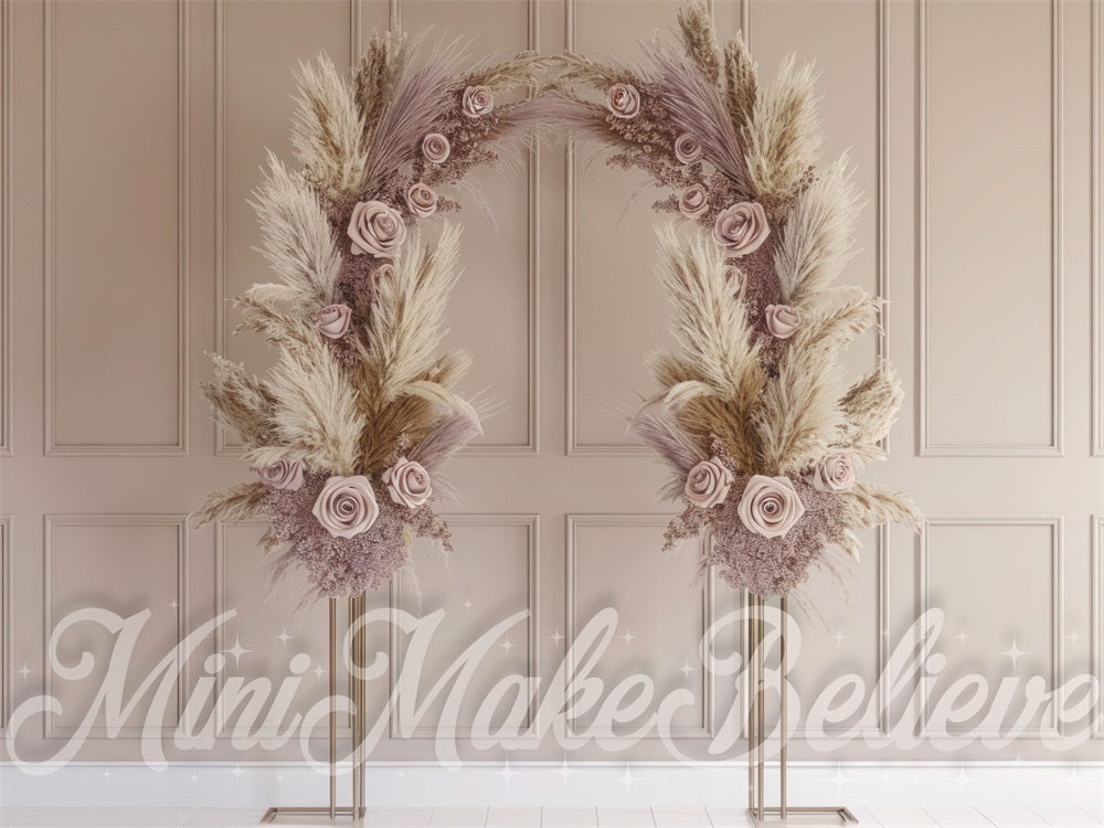 Kate Boho Mauve Reed Floral Arch Retro Beige Striped Wall Backdrop Designed by Mini MakeBelieve