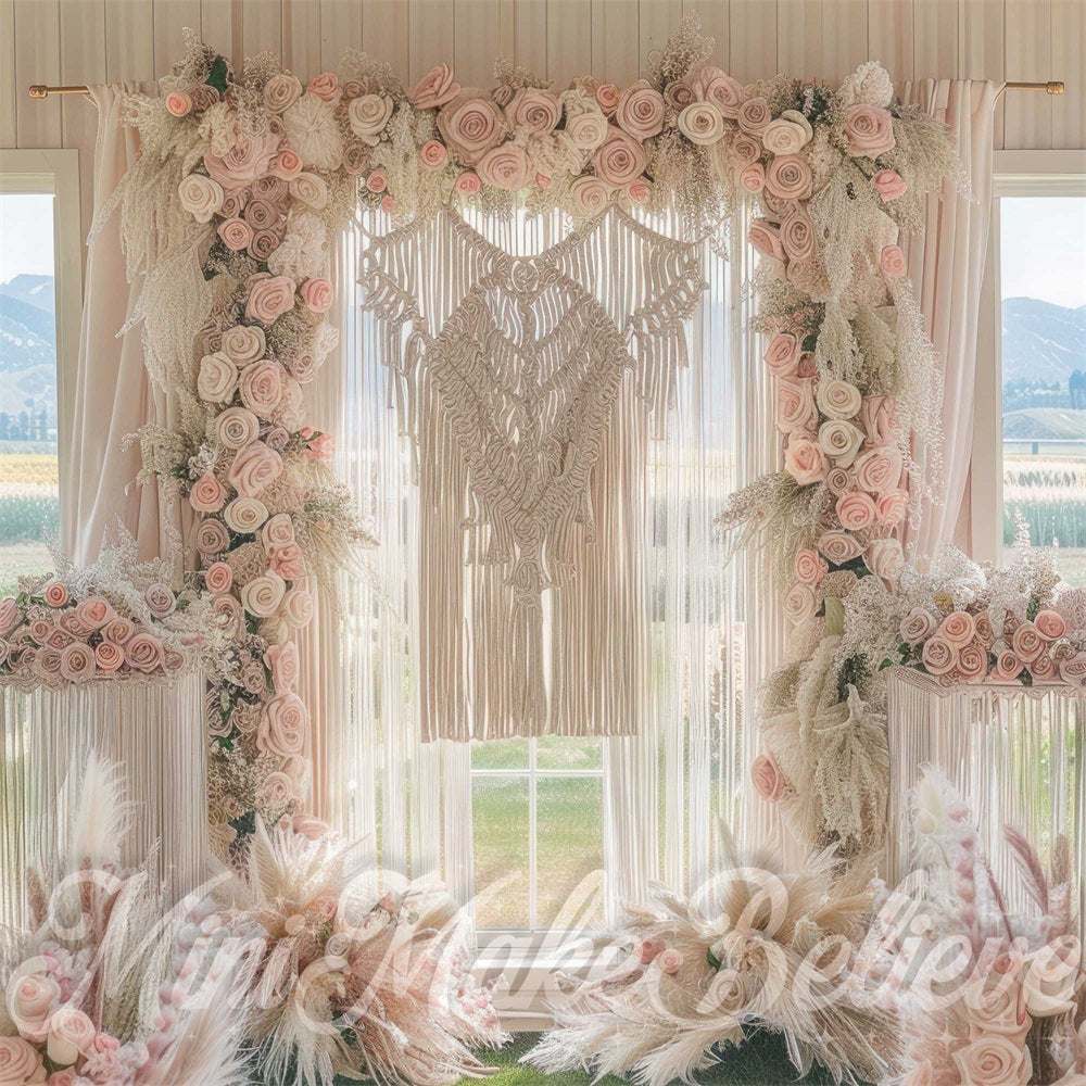Kate Spring Boho Indoor Pink Floral Window Mountain Garden Backdrop Designed by Mini MakeBelieve