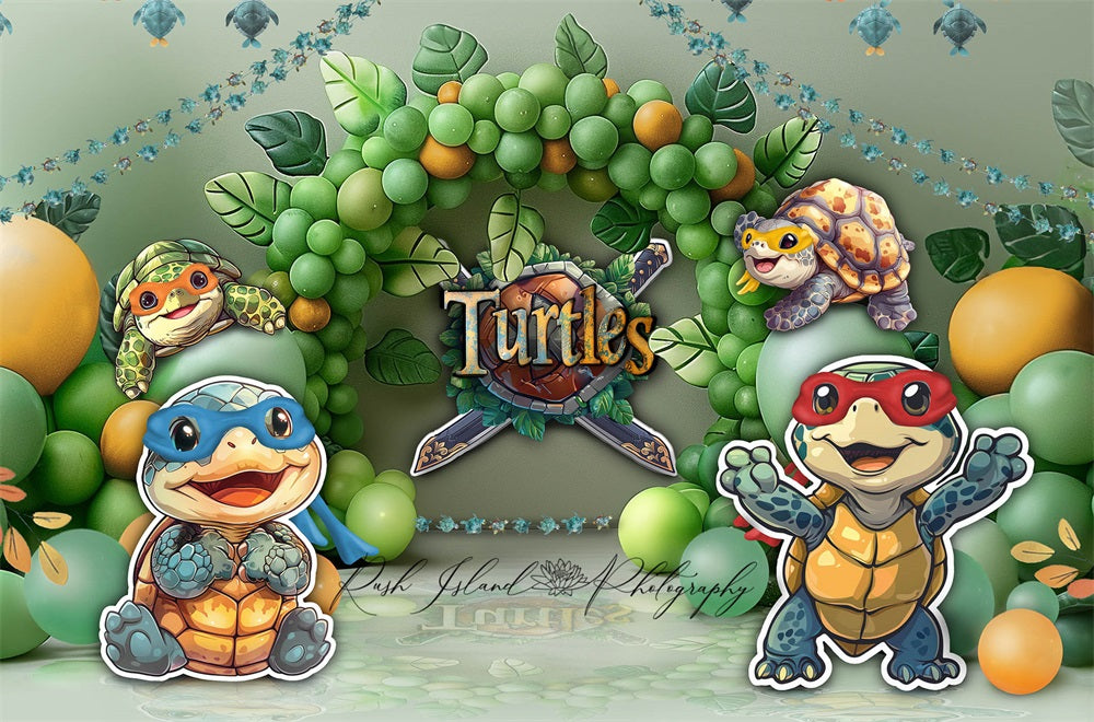 Lentefeest taart smijten cartoon schildpad feest groene ballonnenboog verjaardag achtergrond ontworpen door Laura Bybee.