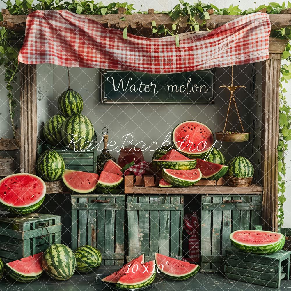 Kate Summer Green Cabinet Red Plaid Brown Wooden Watermelon Shop Printed Backdrop Designed by Emetselch