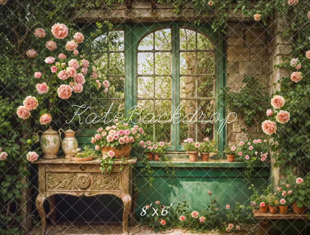 Retro Interno Primaverile Rosa con Fiori e Piante Verdi Finestra ad Arco in Legno Sfondo Progettato da Emetselch