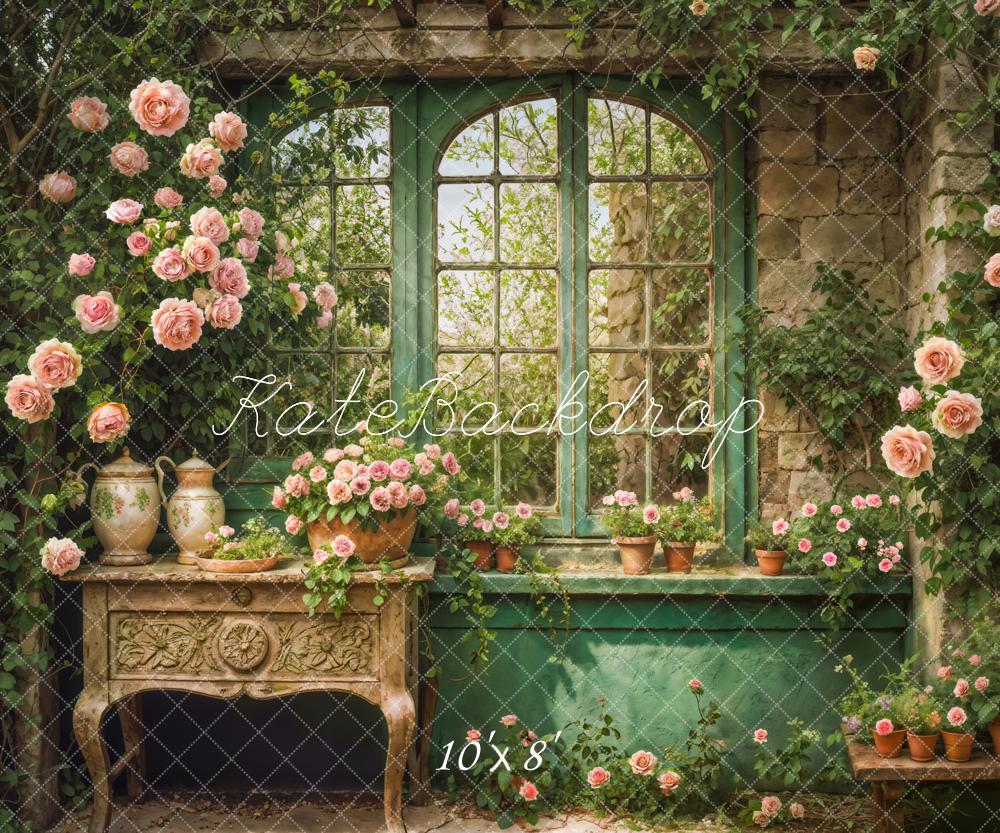 Retro Interno Primaverile Rosa con Fiori e Piante Verdi Finestra ad Arco in Legno Sfondo Progettato da Emetselch