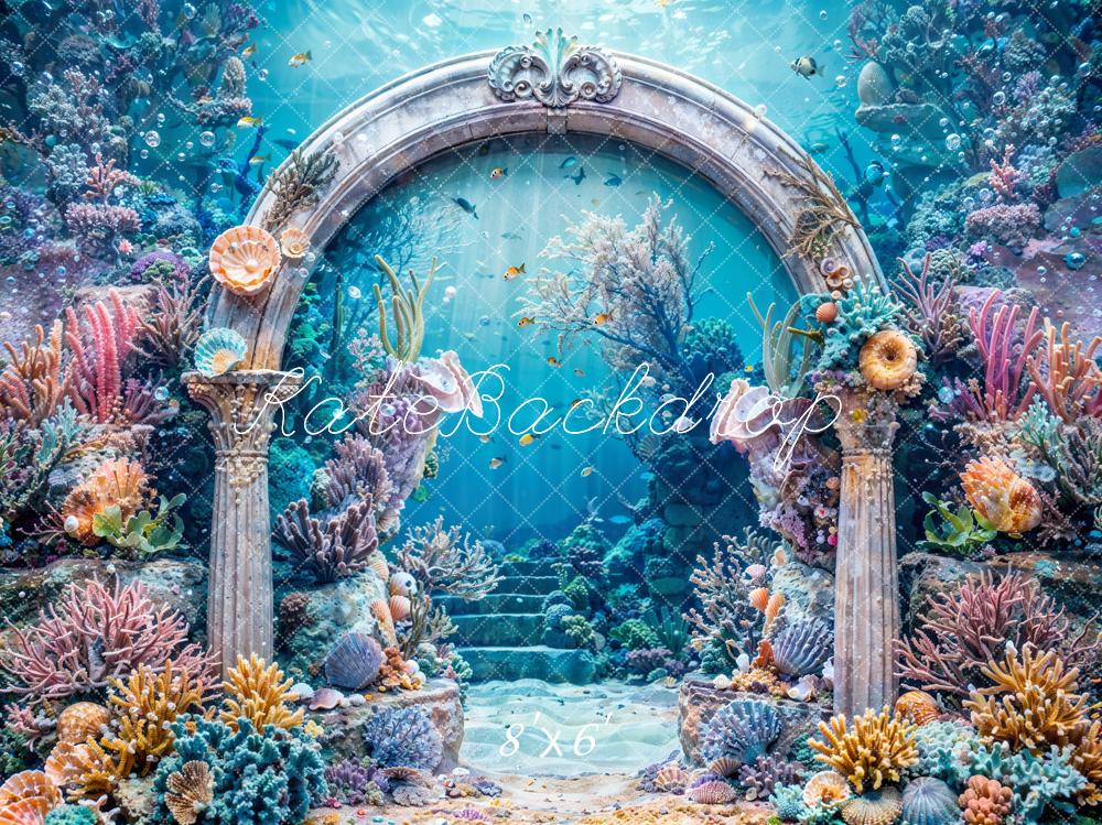 Estate Blu Mare Mondo Sommerso Sirena Corallo Pianta Vintage Arco di Pietra Retroilluminato Design di Catena Fotografica