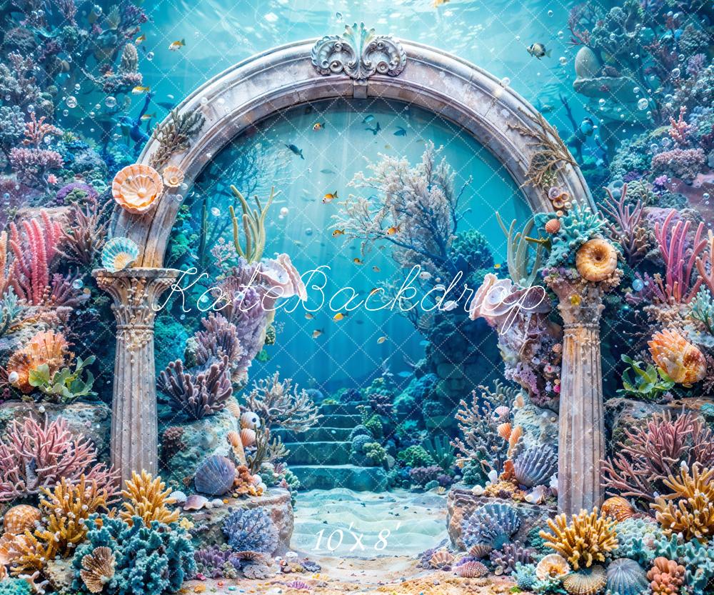 Estate Blu Mare Mondo Sommerso Sirena Corallo Pianta Vintage Arco di Pietra Retroilluminato Design di Catena Fotografica
