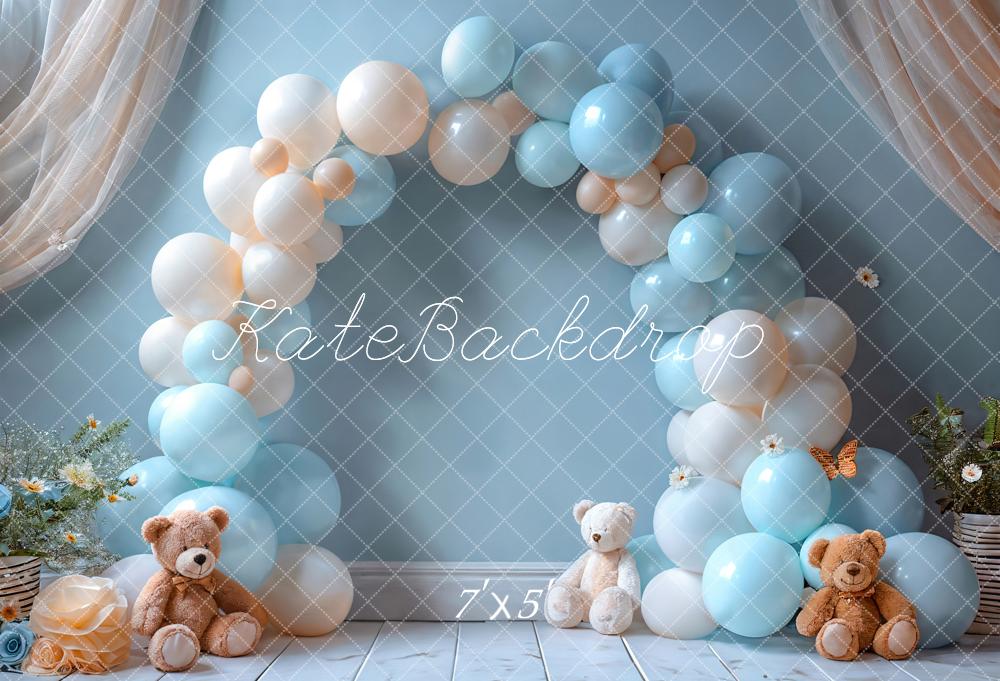 Kate Cake Smash Blue White Balloon Arch Teddy Bear Backdrop Designed by Emetselch