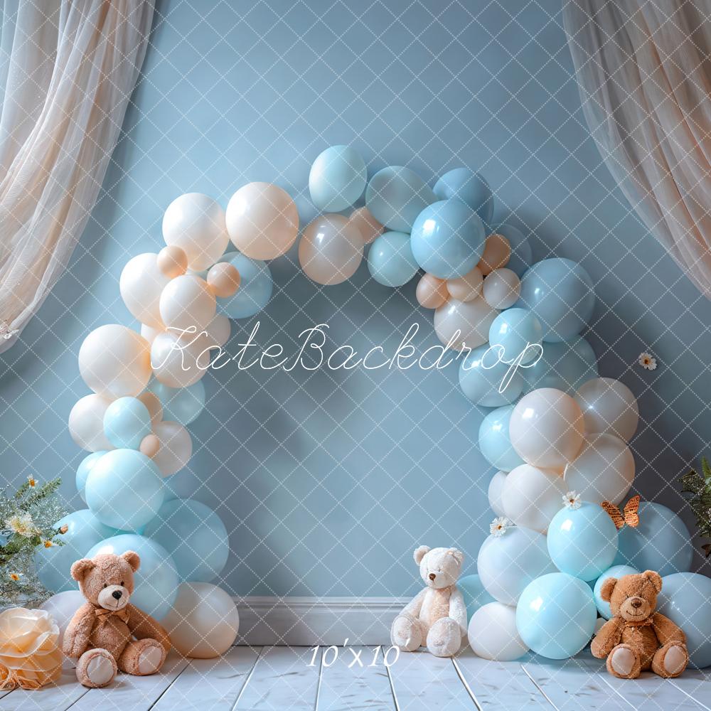 Kate Cake Smash Blue White Balloon Arch Teddy Bear Backdrop Designed by Emetselch