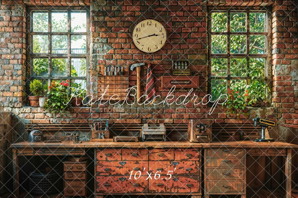 Kate Vintage Father's Day Dark Brown Brick Wall Clock Wooden Window Tool Room Backdrop Designed by Emetselch