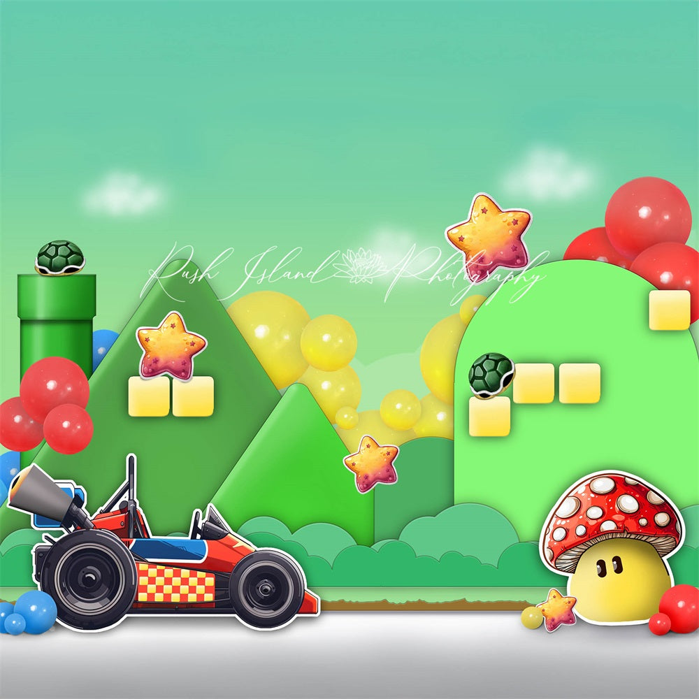 Groen Taart Smash Cartoon Kubus Ster Schildpad Kleurrijke Ballon Super Kart Land Foto Achtergrond Ontworpen door Laura Bybee