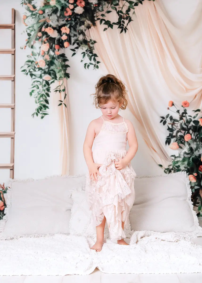 Kate Spring Green Plant Orange Flower Wooden Ladder Beige Curtain White Wall Backdrop Designed by Patty Robert