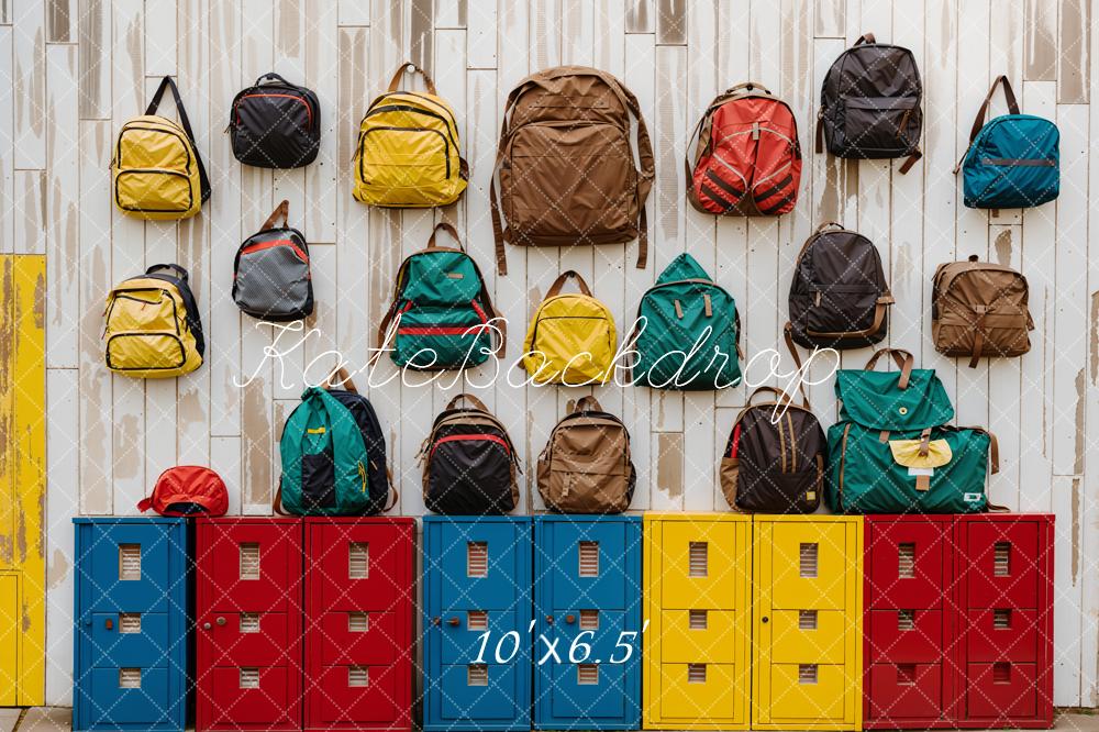 Kate Back to School Colorful Locker Bag Light Brown Striped Wooden Wall Backdrop Designed by Emetselch
