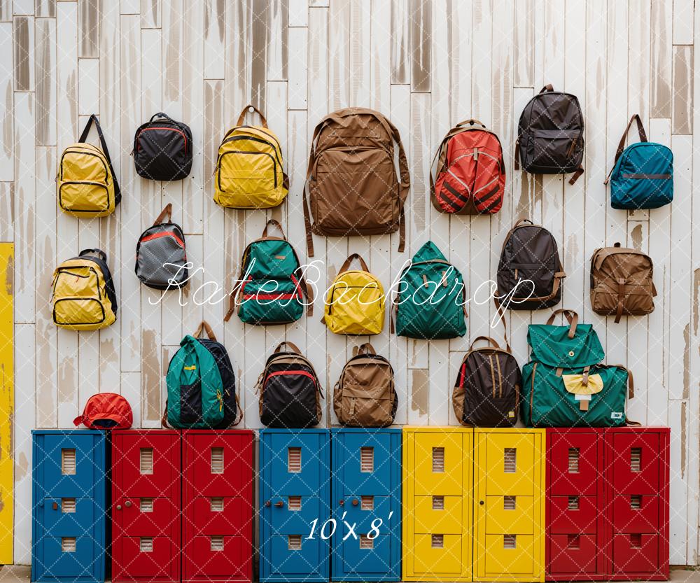 Kate Back to School Colorful Locker Bag Light Brown Striped Wooden Wall Backdrop Designed by Emetselch