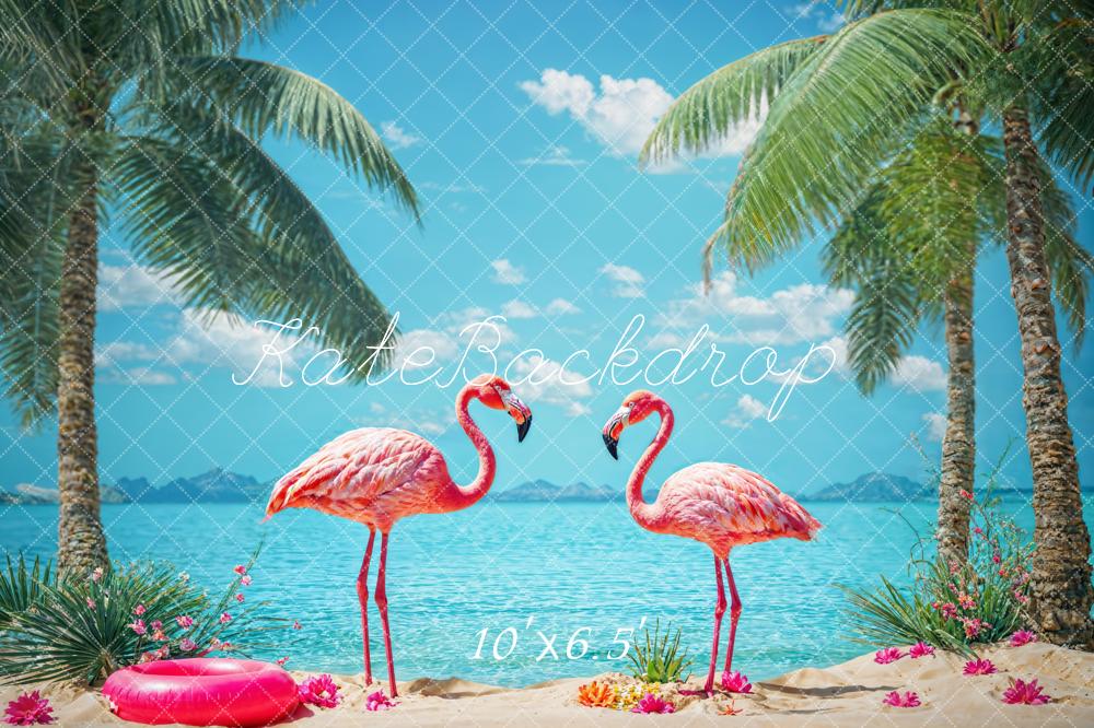 Kate Summer Tropical Seaside Blue Sky White Cloud Beach Green Tree Red Flower Pink Flamingo Backdrop Designed by Chain Photography