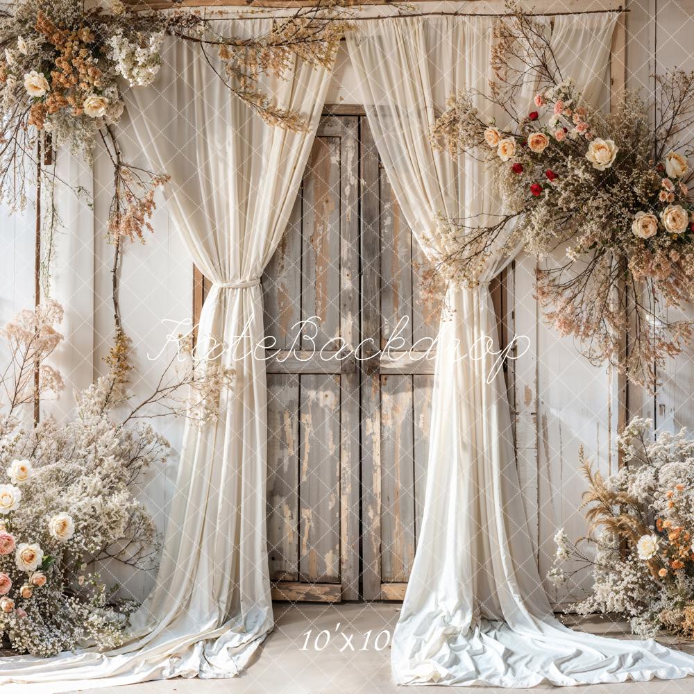 Kate Summer White Floral Curtain Wall Dark Brown Wooden Striped Door Backdrop Designed by Emetselch