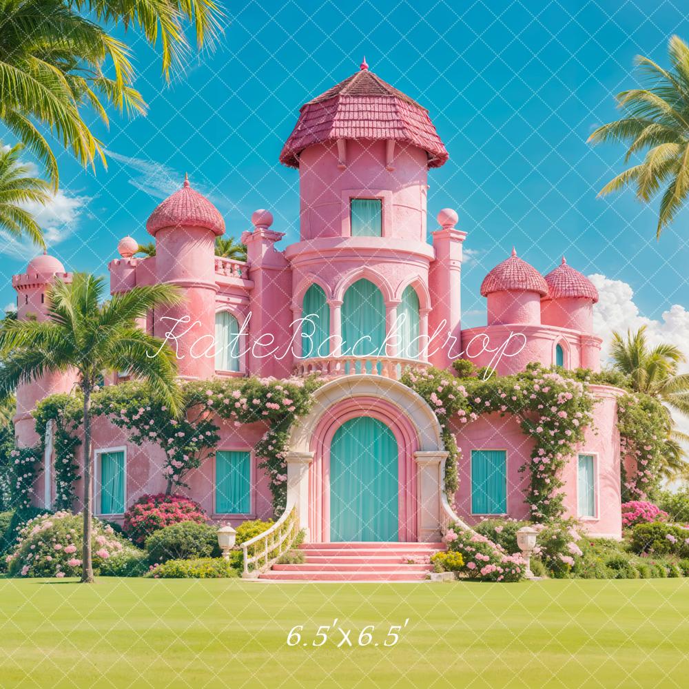 Kate Summer Sea Blue Sky White Cloud Green Plant Pink Retro Floral Castle Backdrop Designed by Chain Photography