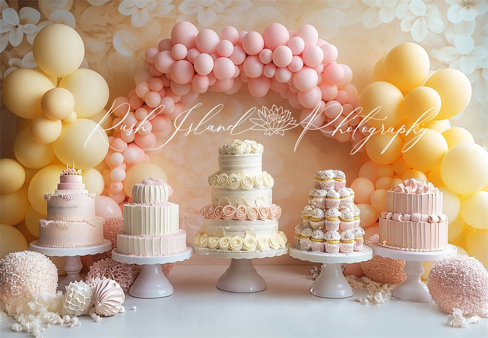 Kate Birthday Yellow Pink Balloon Arch White Cake Beige Floral Wall Backdrop Designed by Laura Bybee