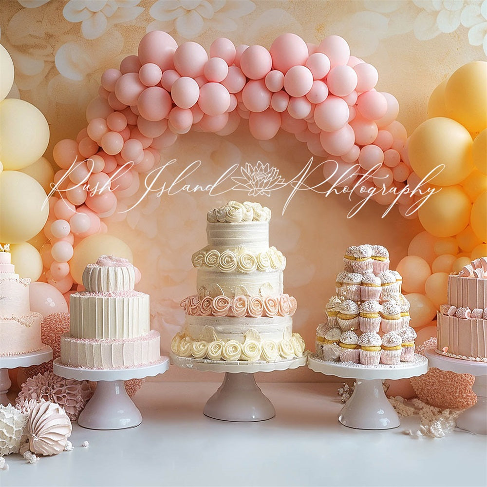 Kate Birthday Yellow Pink Balloon Arch Beige Floral Wall Cake Smash Backdrop Designed by Laura Bybee