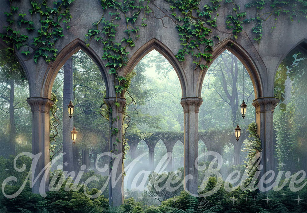 Kate Spring Forest Green Plant Dark Grey Vintage Arch Printed Backdrop Designed by Mini MakeBelieve