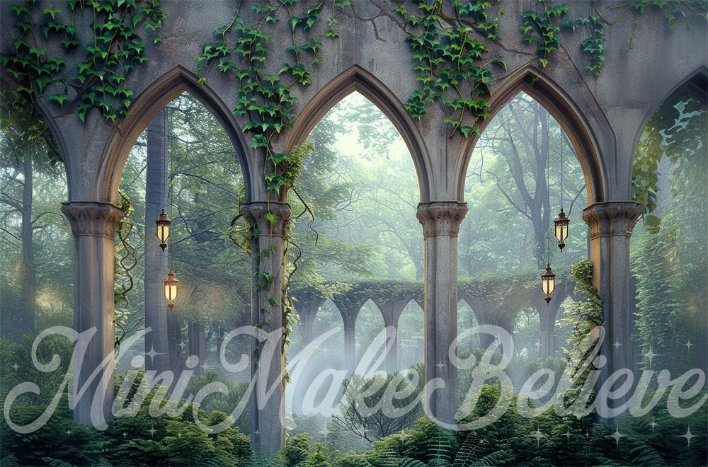 Kate Spring Forest Green Plant Dark Grey Vintage Arch Printed Backdrop Designed by Mini MakeBelieve