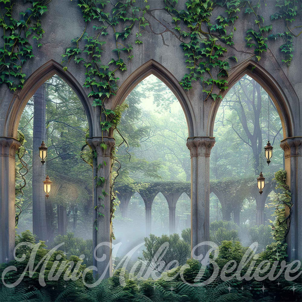 Kate Spring Forest Green Plant Dark Grey Vintage Arch Printed Backdrop Designed by Mini MakeBelieve