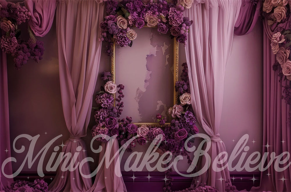 Kate Fine Art Purple Floral Curtain Gold Frame Wall Backdrop Designed by Mini MakeBelieve