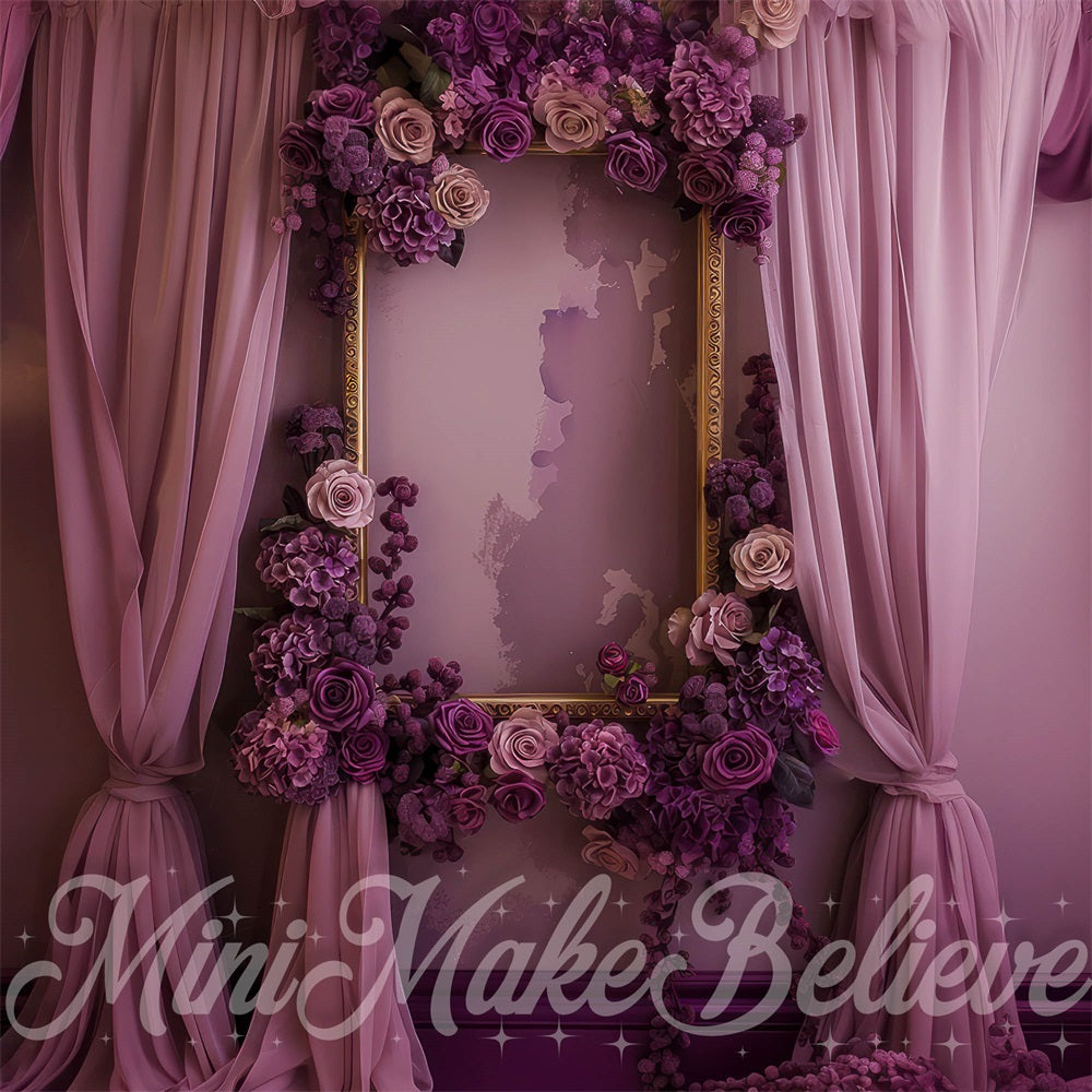 Kate Fine Art Purple Floral Curtain Gold Frame Wall Backdrop Designed by Mini MakeBelieve