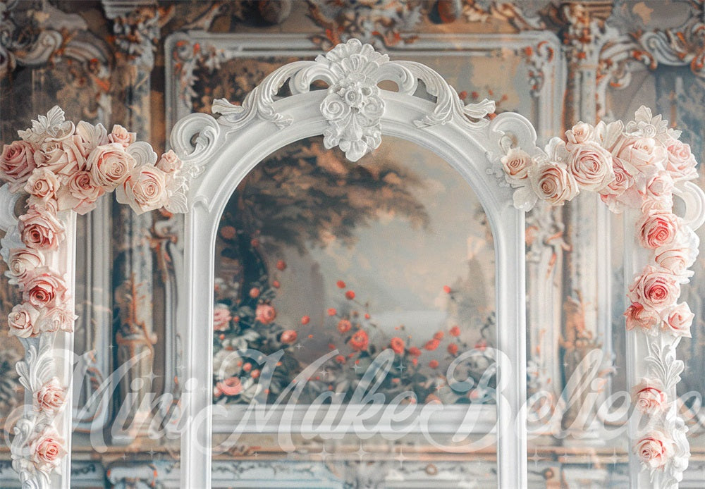 Kate Retro Fine Art Pink Rose White Arch Colorful Hand Painting Mural Backdrop Designed by Mini MakeBelieve