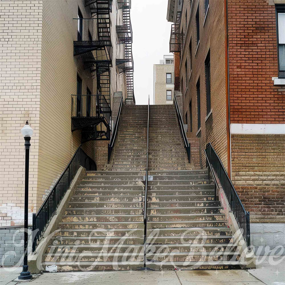 Kate Modern Urban Brick Wall Street Light Staircase Backdrop Designed by Mini MakeBelieve