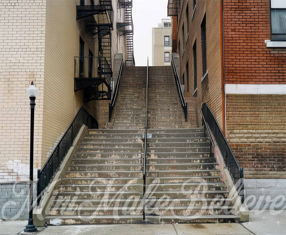 Kate Modern Urban Brick Wall Street Light Staircase Backdrop Designed by Mini MakeBelieve
