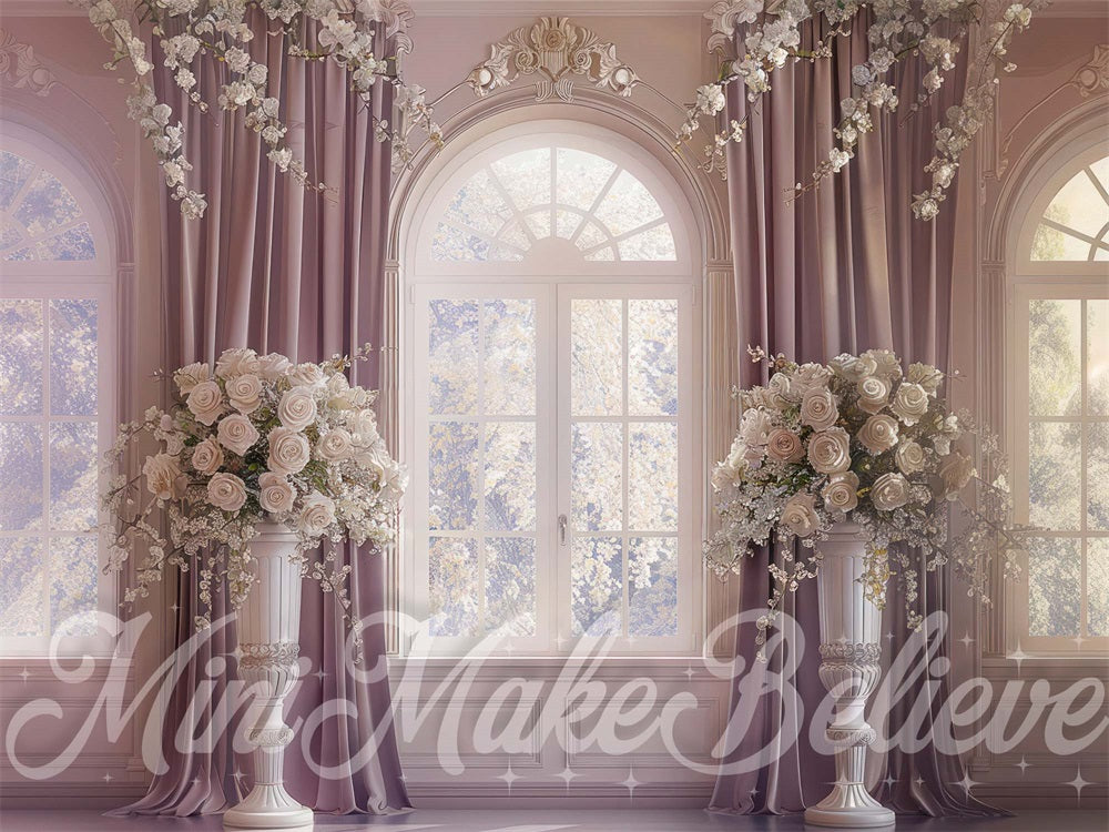 Lente Binnen Trouwfeest Witte Bloem Paars Sierlijk Gordijn Boogvormig Raamachtergrond Ontworpen door Mini MakeBelieve