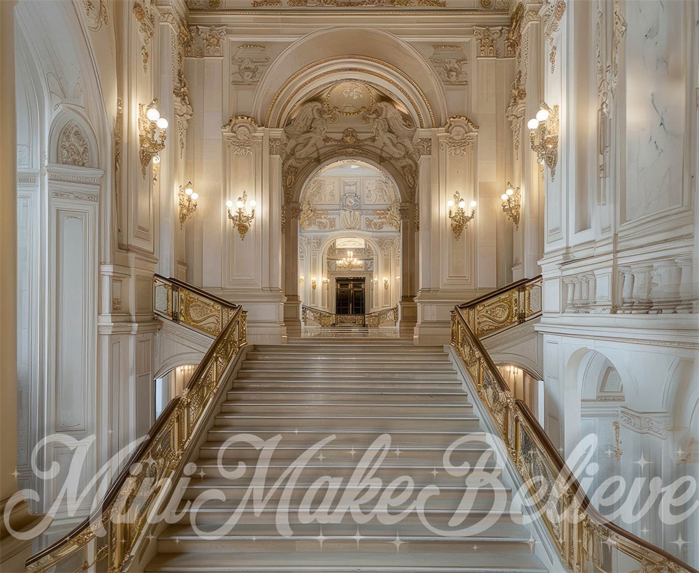 Kate Vintage White Gold Arched Marble Staircase Backdrop Designed by Mini MakeBelieve